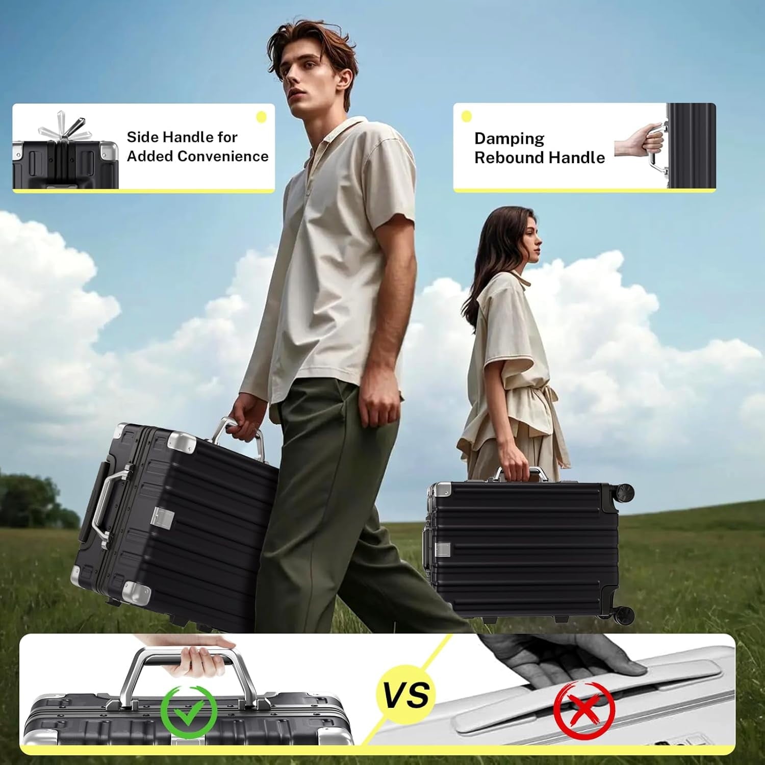 Checked Luggage Aluminum Frame Suitcase with Wheels PC ABS Hardside Zipperless with TSA Lock 28 Inch Black